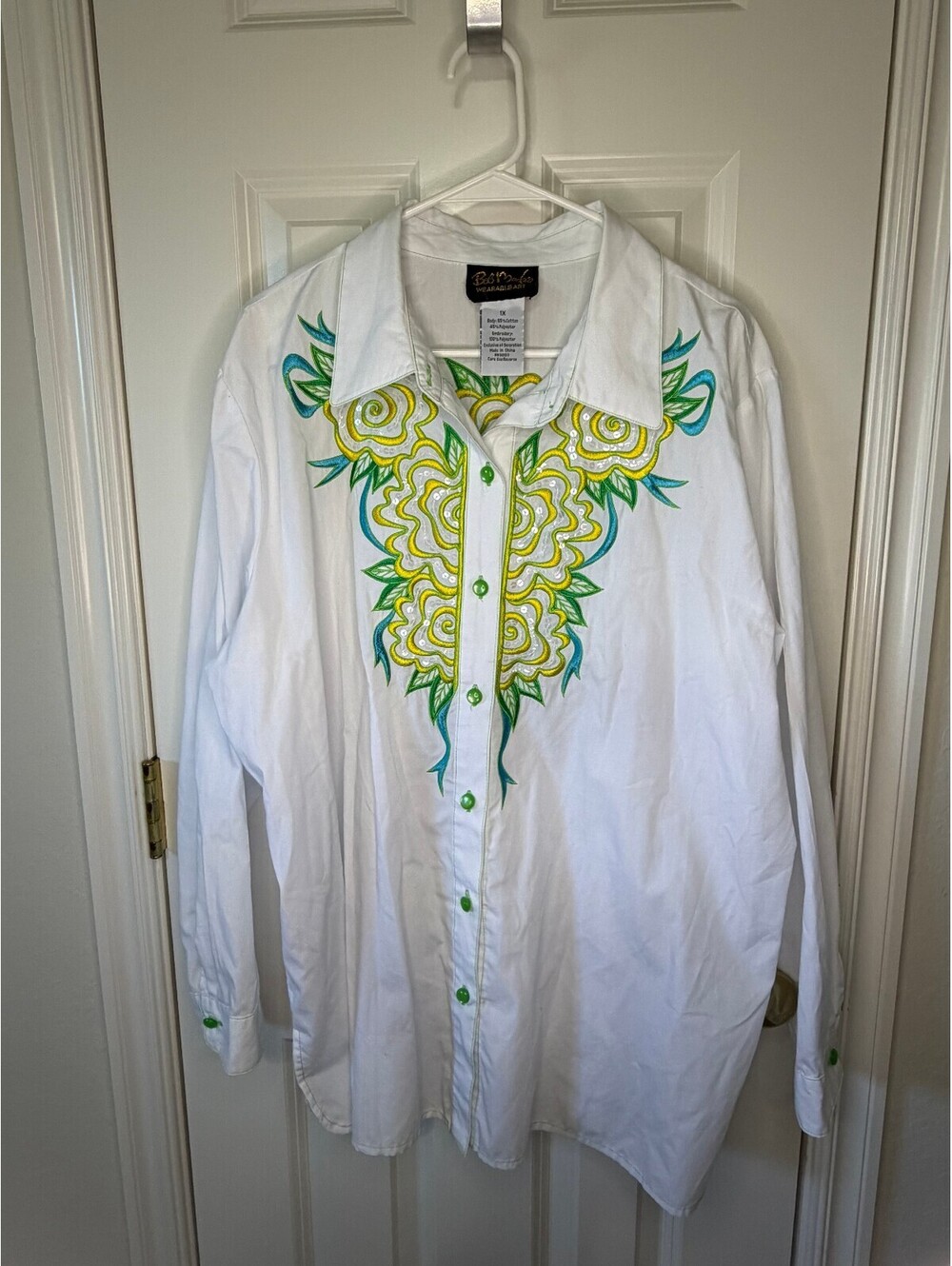 Vintage Y2K Bob Mackie Wearable Art Button-Down Sequin Rose Embroidery, size 1x